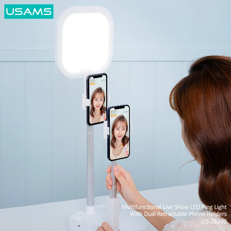 USAMS Live Show Vlog LED Ring Fill Lights Dual Retractable Phone Holders Wireless Control Stand For Live Broadcast Video