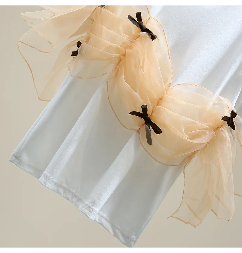 

2021 Summer Korean Style Loose Slimming Fashion Women Top Stitching Bow Short Sleeve Ladies Tee Casual O-neck Pullover T-shirt