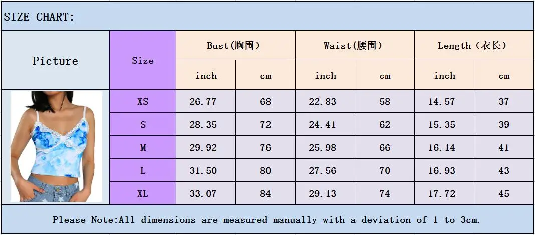 

Sexy Summer Women's Tie Dye Camisoles Sleeveless Deep V Neck Lace Patchwork Slim Fit Crop Cami Tanks Tops
