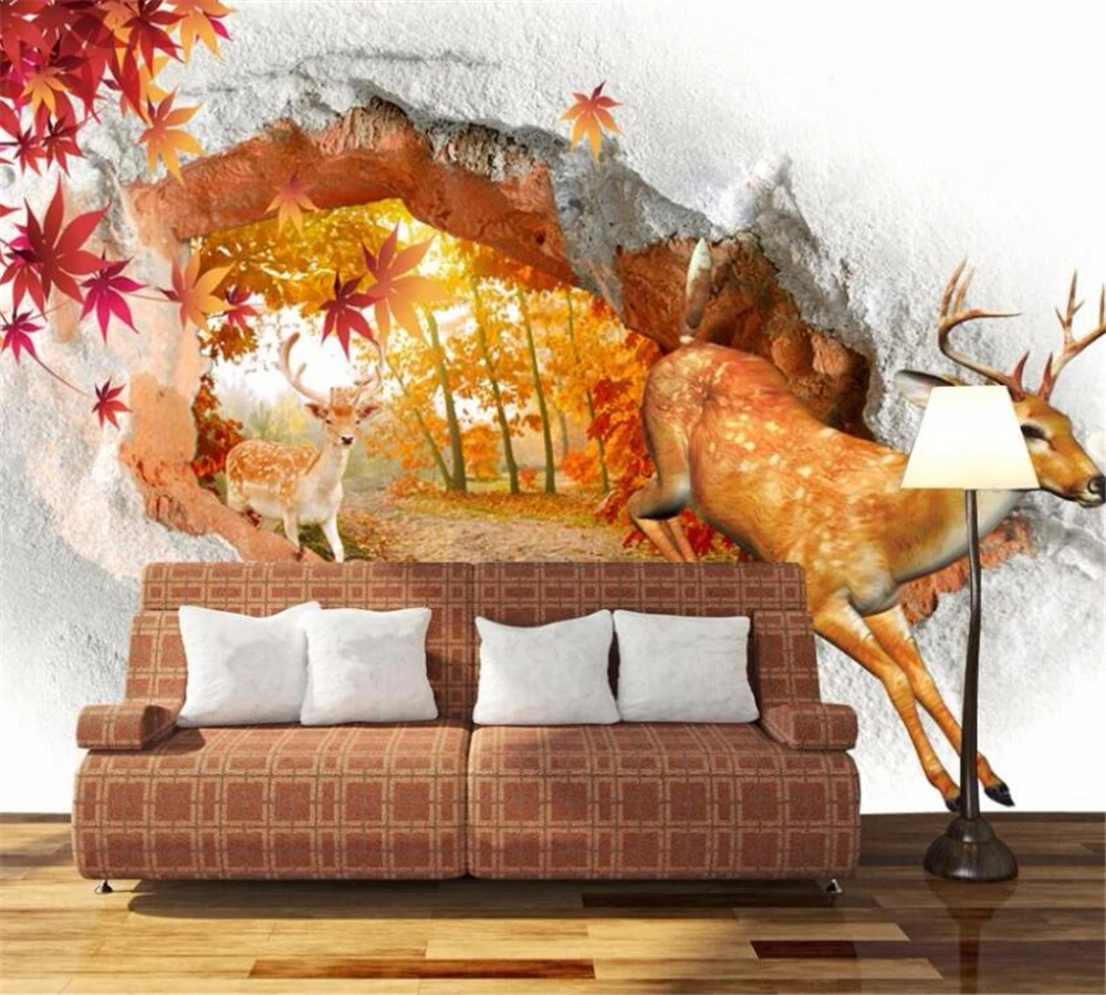 

beibehang Customized Wallpaper Mural Beautiful Maple Leaf Wall Deer 3D TV Background Wall Living Room Home Decoration Painting