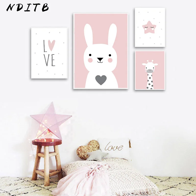 

Baby Nursery Wall Art Canvas Print Poster Pink Cartoon Animal Giraffe Bunny Painting Nordic Kid Girl Bedroom Decoration Picture