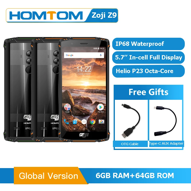 HOMTOM ZJI Z9 IP68 водонепроницаемый смартфон 5 7 'ƌ ГБ ОЗУ 64 Гб ПЗУ Helio P23 5500 мАч 4G LTE