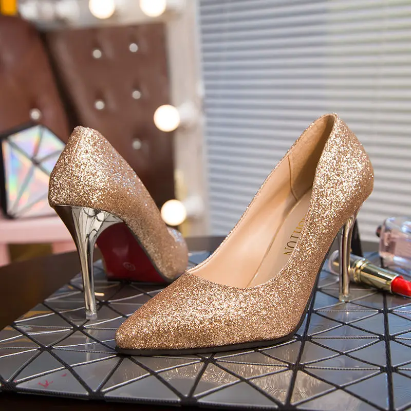 New Spring Women Pumps High Thin Heels Pointed Toe Metal Decoration Sexy Bling Bridal Wedding Shoes Gold 9cm | Обувь