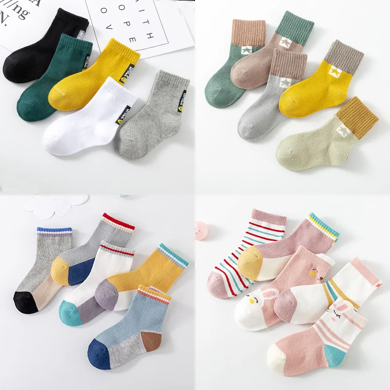 

5pcs Set Japanese Style Baby Socks Boys And Girls Combed Cotton Middle Tube Socks Kids 0-2 Years Cartoon Stripe Color Child
