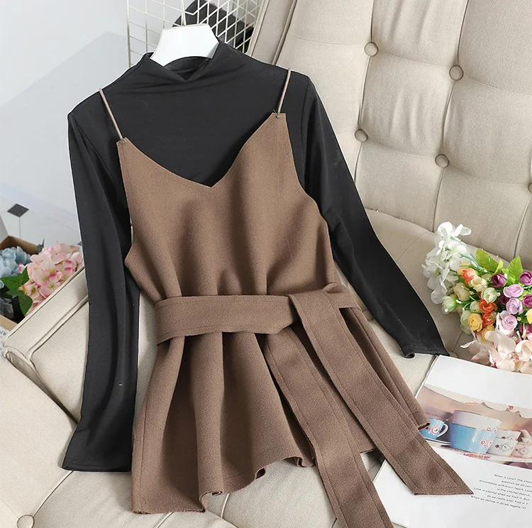 Коричневый ALPHALMODA Новая тонкая футболка с полувысоким воротником+ жилет на бретельках для женщин, элегантный комплект из 2 предметов, Осенний повседневный комплект из 2 предметов, куртка с поясом - Цвет: Коричневый