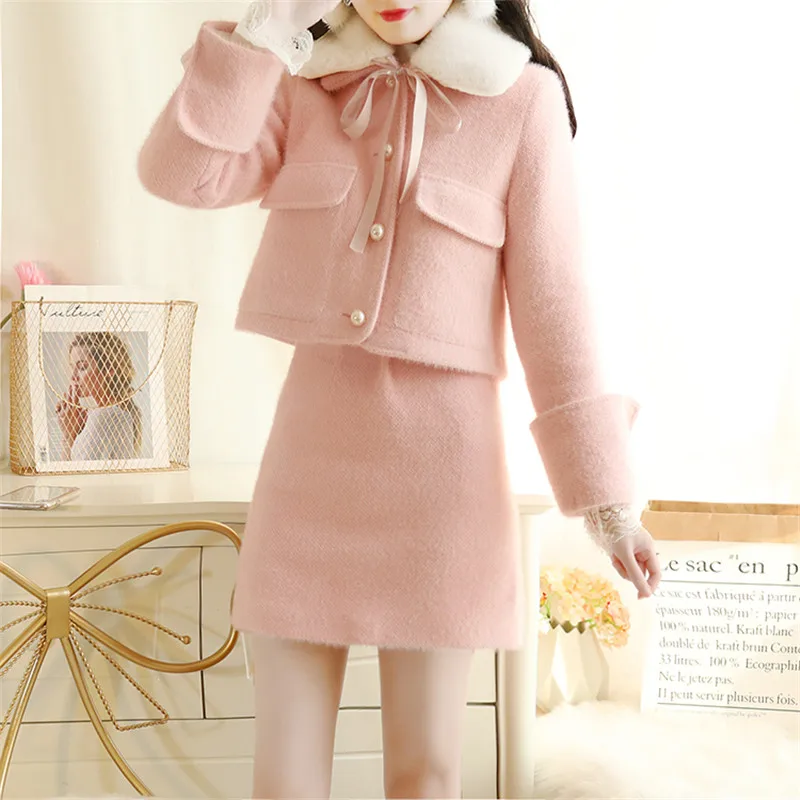 pink SWEETXUE костюм с мини-юбкой, Воротник из овечьей шерсти, бант, шнуровка, карман, топ+ Однотонная юбка Kawaii, милый комплект из 2 предметов, женский, зима - Цвет: pink