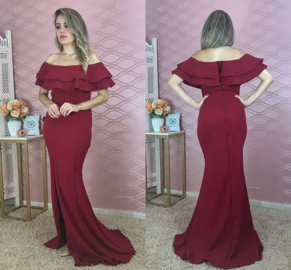 

Dark Red Mermaid Bridesmaid Dresses Off Shoulder Side Split Ruffles Wedding Guest Evening Party Gowns Customized Cheap