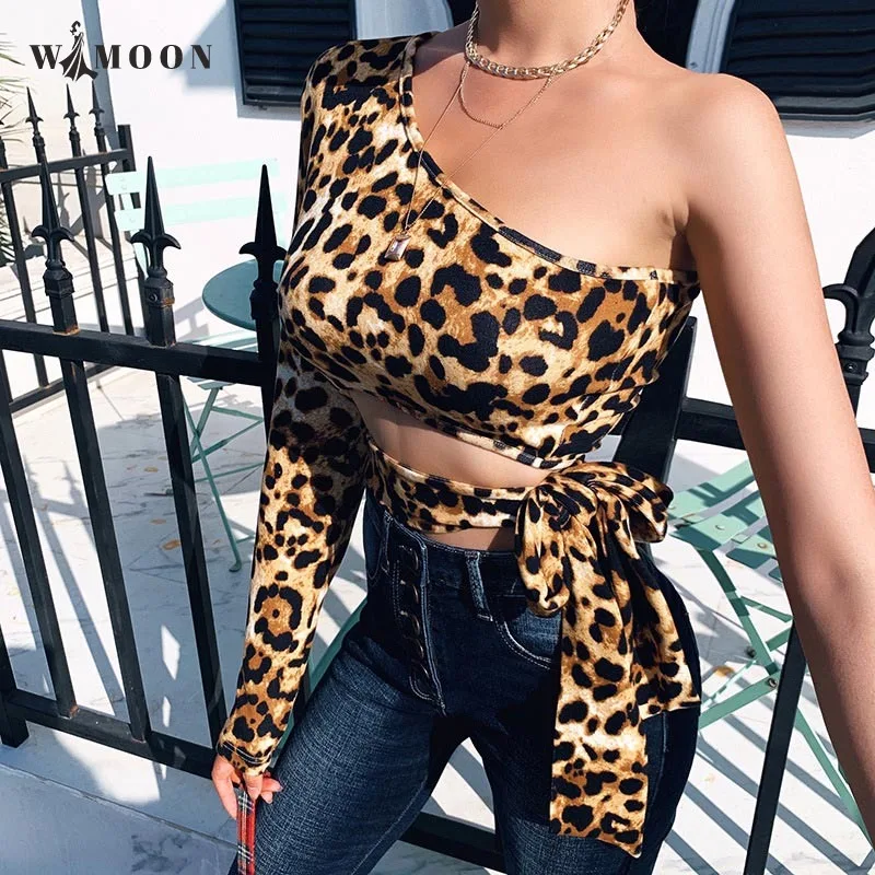 

One Shoulder Long Sleeve Leopard Tees 2021 Autumn Winter Women Sexy Bodycon Tshirts Bow Night Club Party Crop Tops Streetwear