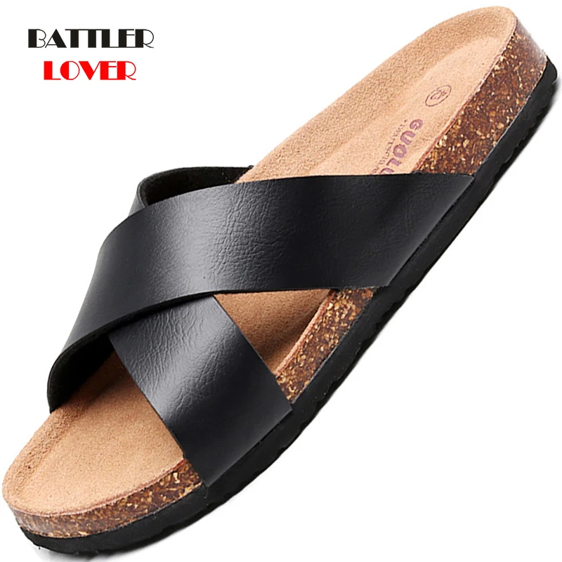 

Fashion Beach Cross Cork Slippers For Men 2021 Summer Solid Color Non-slip Outside Slides Women High Quality Home Sandals 35-45