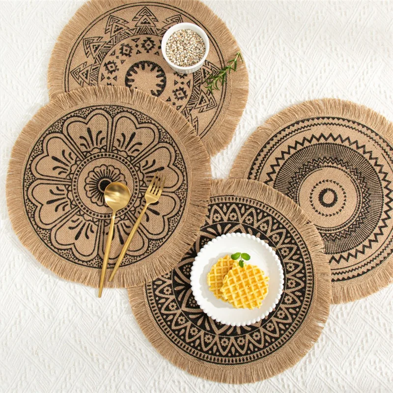 

Placemats for Dining Table Mat Set Linen Embroidery Dessert Pan Place Mat 38CM Round Kitchen Accessories Mat Heat Insulation 1PC