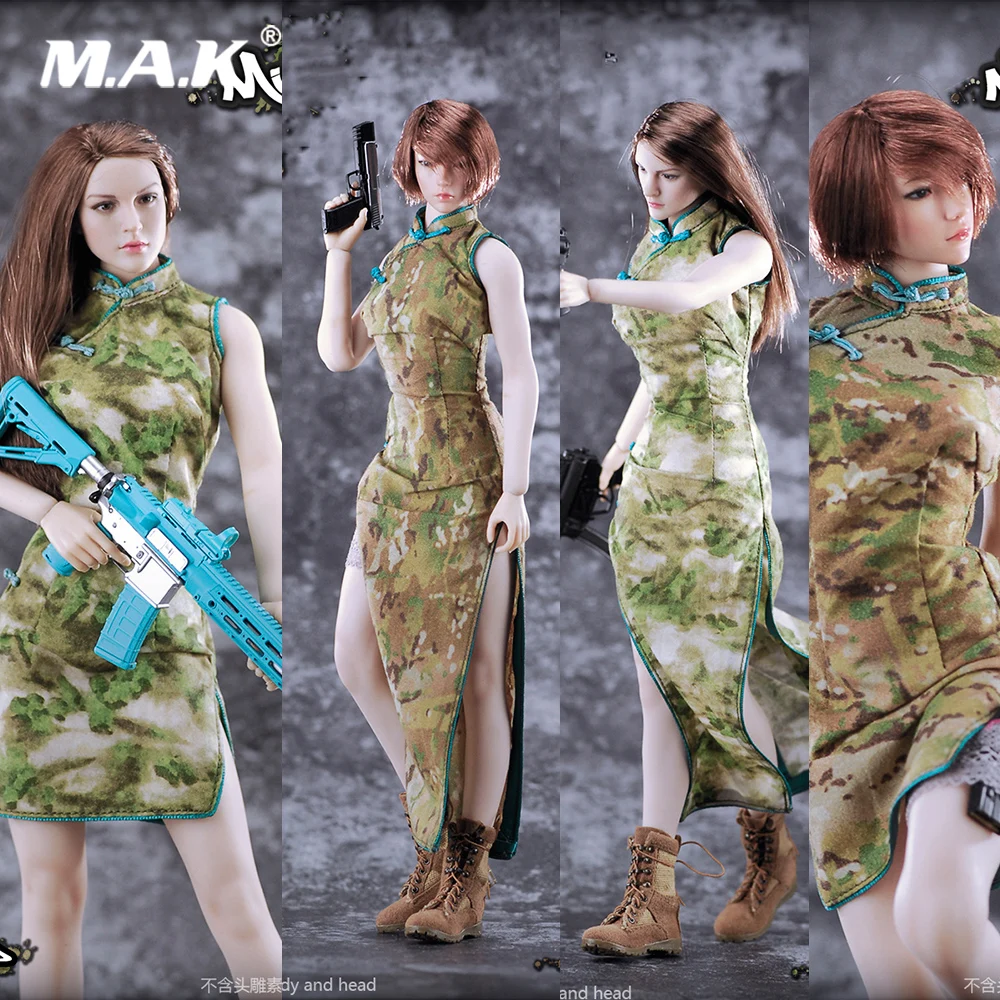 

MF-003 1/6 Sexy Female Clothes Fighting Girl Camouflage Cheongsam Clothes Set Tactical Shooes Lace Bind Accessories Model