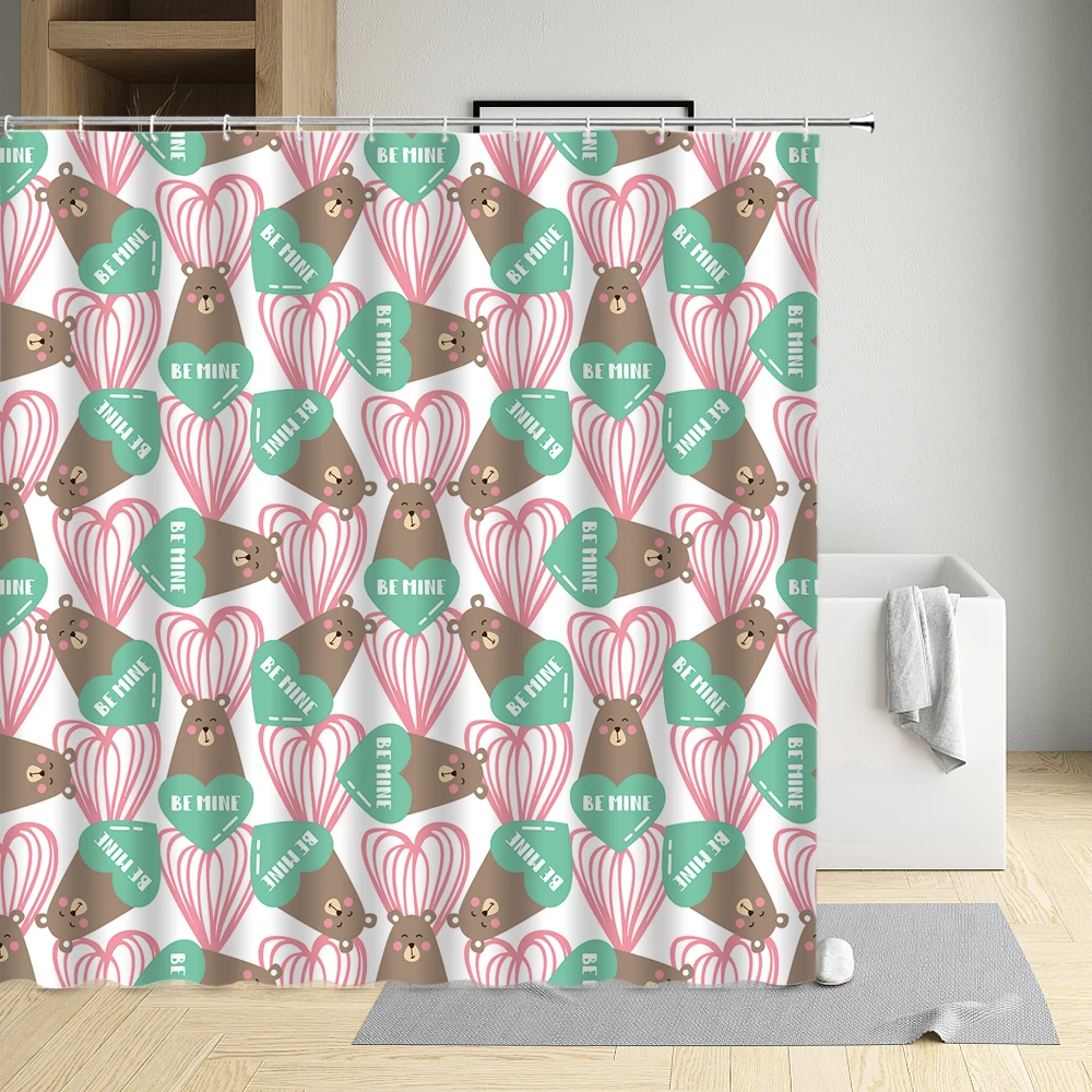 

Cartoons Child Shower Curtain Love Heart Bear Strawberry Hands Glasses Balloons Cloth Bathroom Decor Bath Screen With Hooks