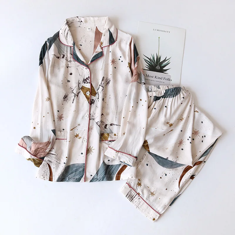  Spring / Summer 2021 New 100% viscose long-sleeved trousers ladies pajamas suit simple style long pajamas women's home service 