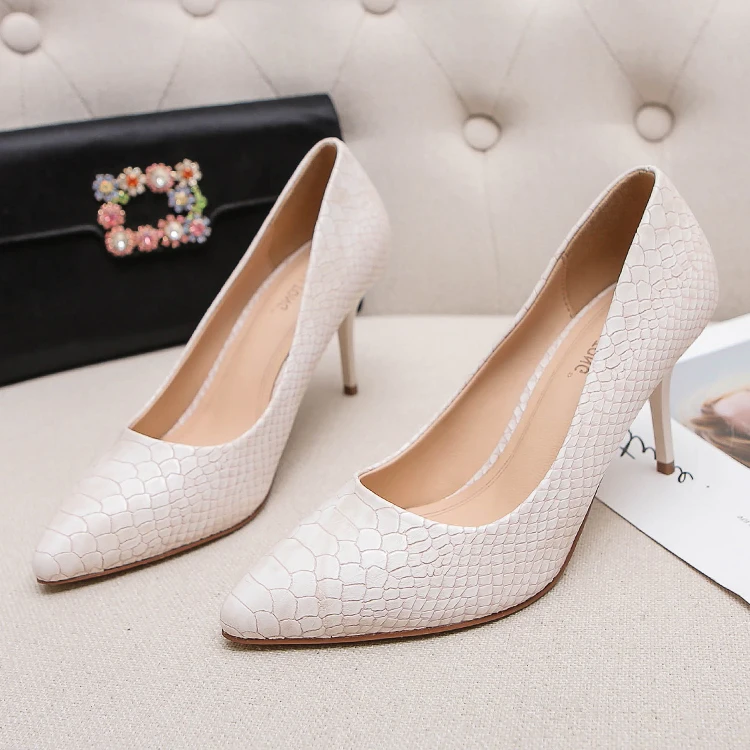 Beige Fletiter Shoes Women 8 cm High Heels Leather Pointed Toe Women Pumps Ladies Shoes white Thin High Heel bridal Party Shoes - Цвет: Beige