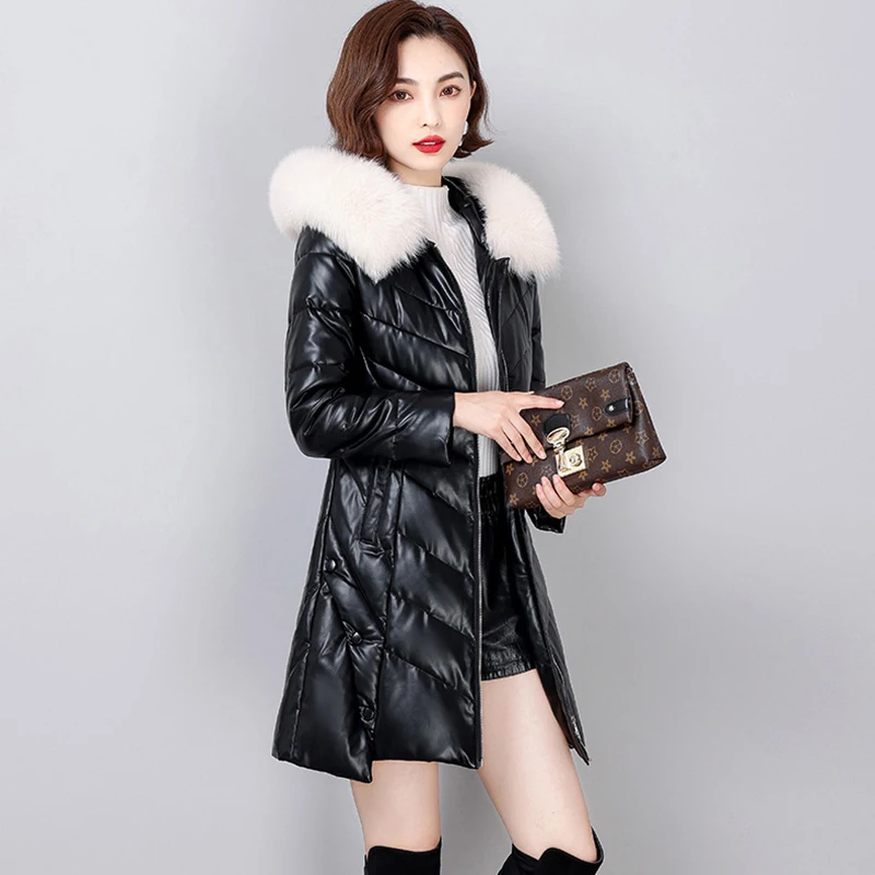Женский пуховик из натуральной кожи с воротником лисьего меха | Женская одежда