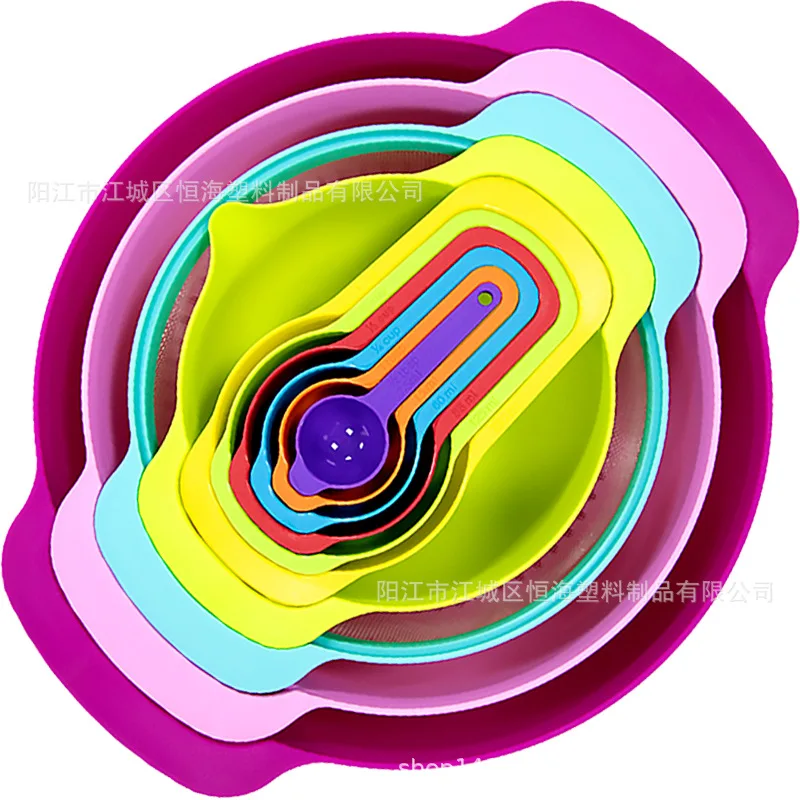 

Rainbow measuring bowl 10 piece set Multi-purpose powder sieve washing vegetable drain basket Engraved measuring spoon plastic