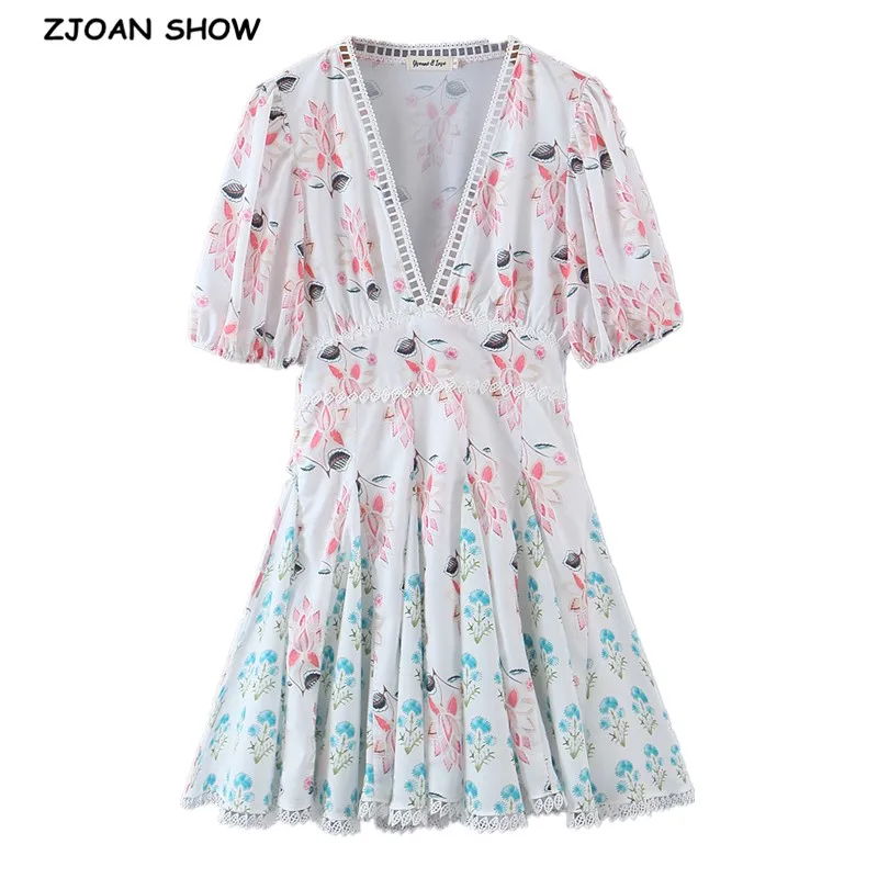 Женское платье с цветочным принтом короткое рукавами фонариками и V образным
