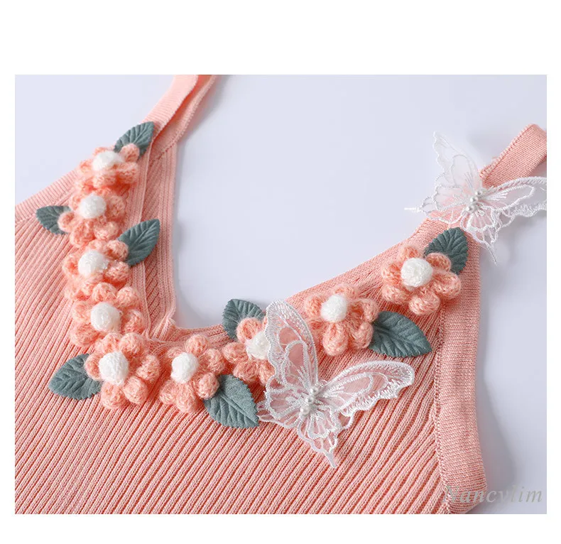 Knitted Vest Inner Match Slim Strap Top All-Match Bottoming Shirt for Women Pink Flower Patch Camisoles Slim Fit Nancylim