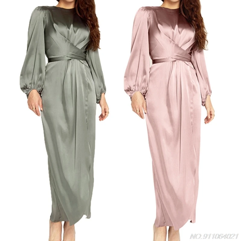 

Women Arab Muslim Satin Puff Long Sleeve Maxi Dress Solid Wrap Front Self-Tie Abaya Dubai Turkey Hijab Robe Kaftan M8 Wholesales