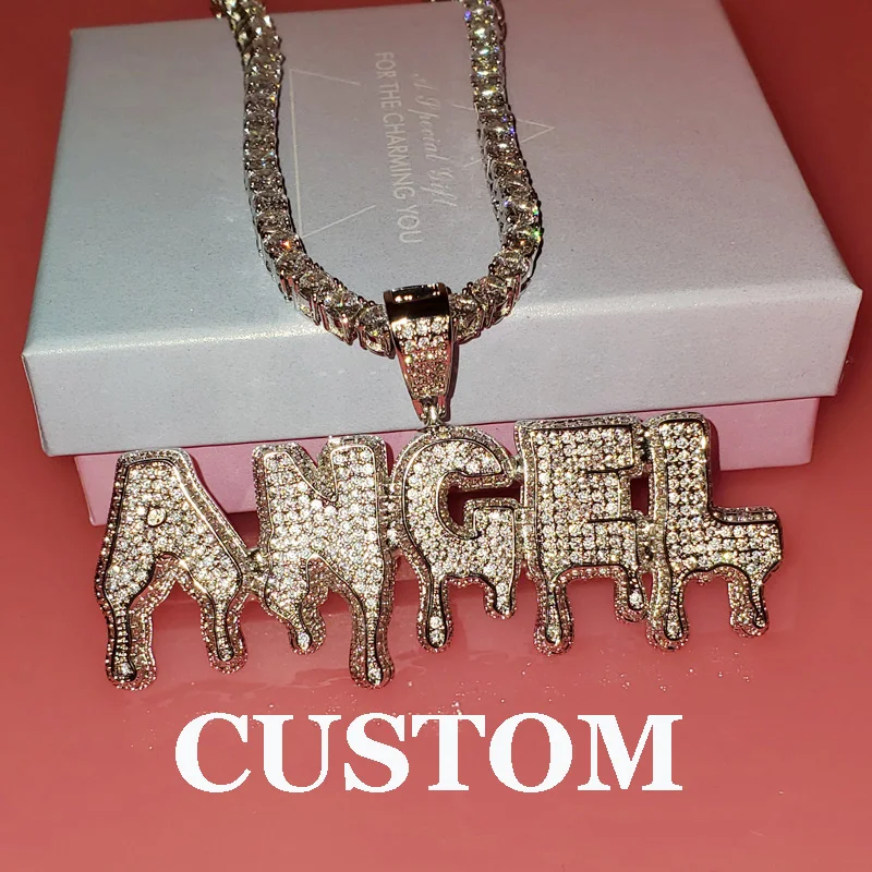 

Unique Customized Name Necklace Zircon Copper Drippy Letters Pendant with Tennis chain Name Words Jewelry Hip Hop