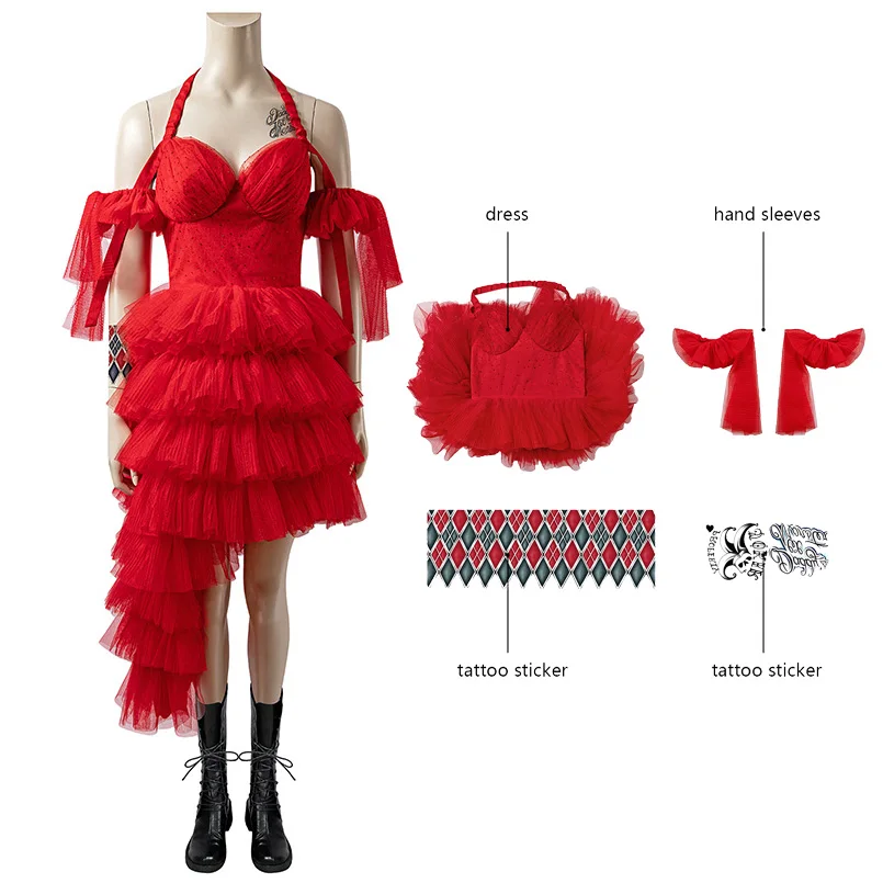

Movie Suicide Cosplay Joker Girl Costume Fancy Halloween Carnival Clothing Quinzel Fashion Red Dress For Adult Women