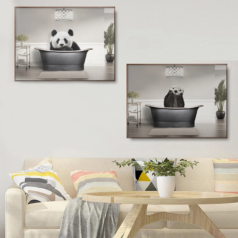 

Baby Animals In The Bathtub Poster Cow Panda Dog Mole Bear Canvas Painting Nursery Mural Nordic Picture Kids Room Home Decor