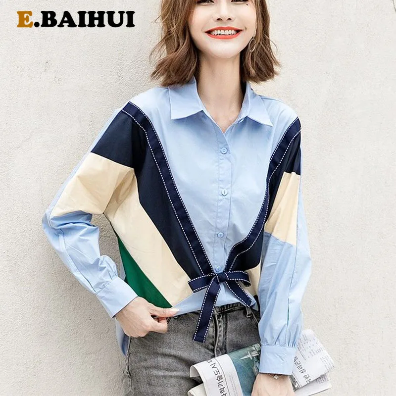 

EBAIHUI 2021 New Fashion Solid Women Blouses spliced Long Sleeve Turn-down Collar Blouse Shirt Casual Top Elegant Work Shirt