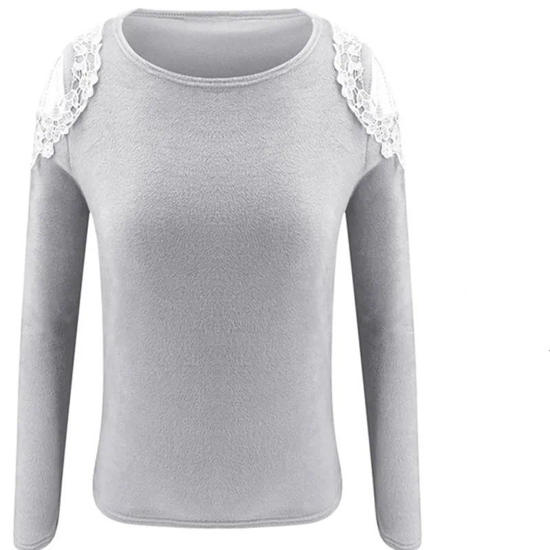 

2020 Plush Lace Patchwork Sweet Knit Sweater Women Sexy Shoulder Cutout Sweater Casual Warm O collar Long Sleeves pullovers