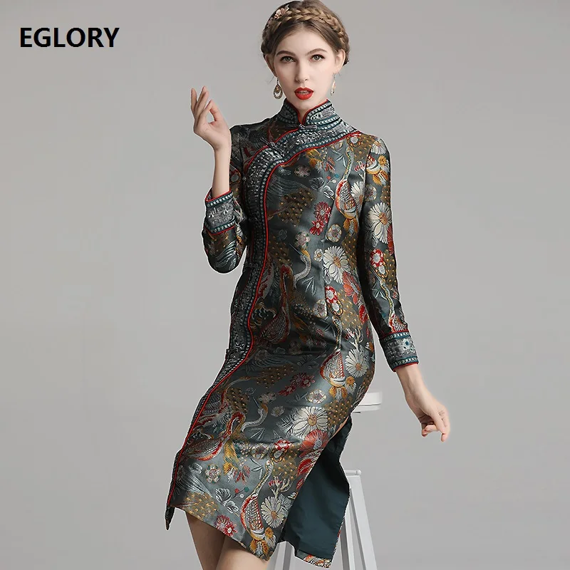 Женское винтажное платье Ципао вечерние платья до середины икры с вышивкой