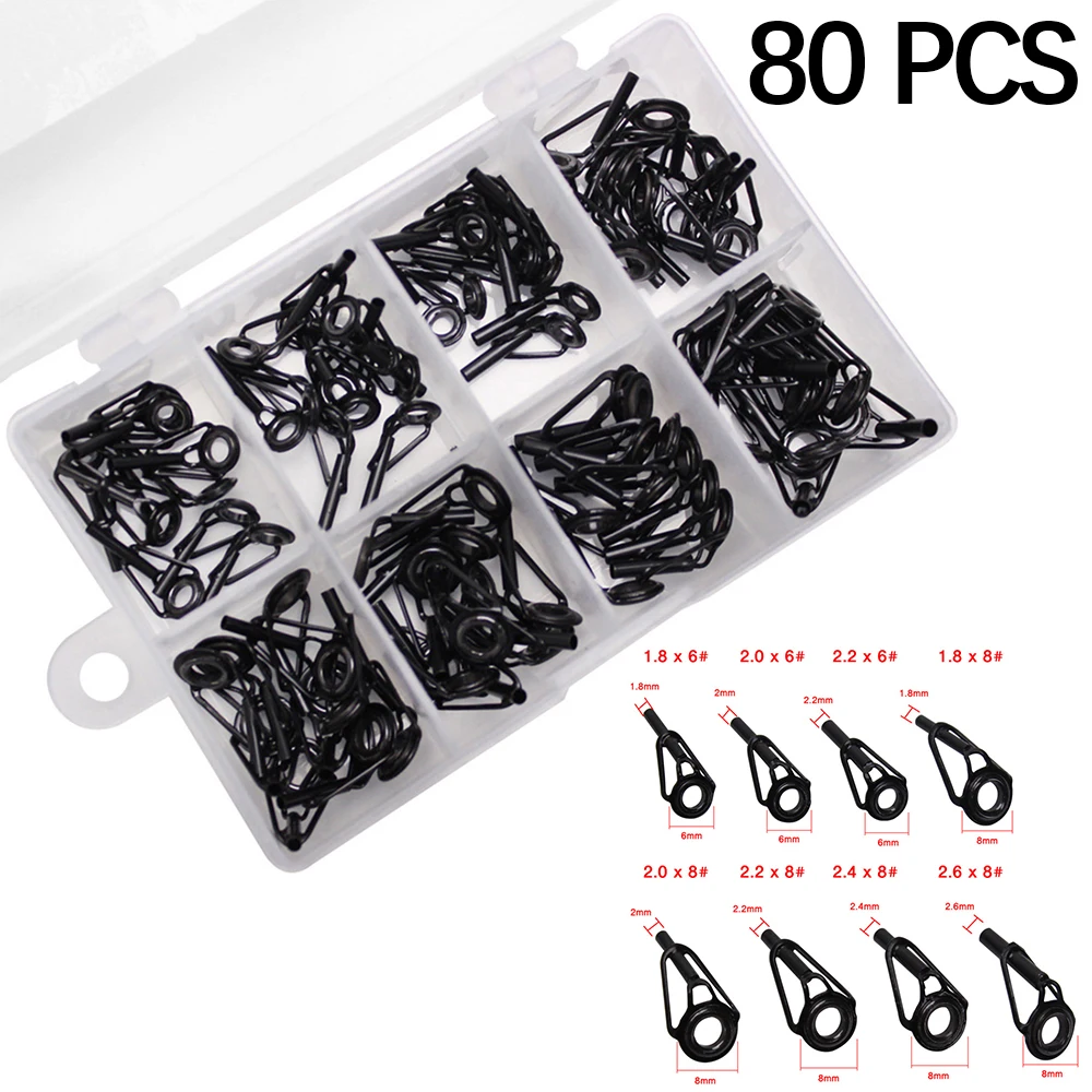 

80Pcs/Lot 1.8mm-2.6mm Black Fishing Rod Guides Tip Tops Repair Kit Stainless Steel Ceramic Ring Rod Tip Tops Replacement Parts