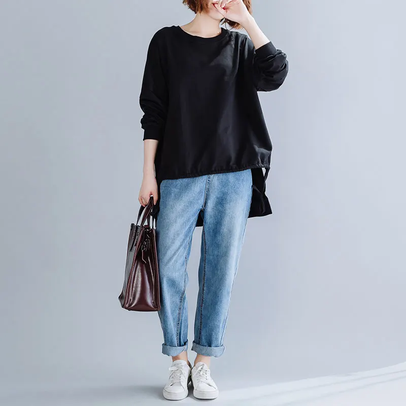 DIMANAF Autumn Winter Plus Size Women T-Shirt Basic Tunic Tops Shirts Cotton Long Sleeve Loose Casual Female Clothes Solid Black