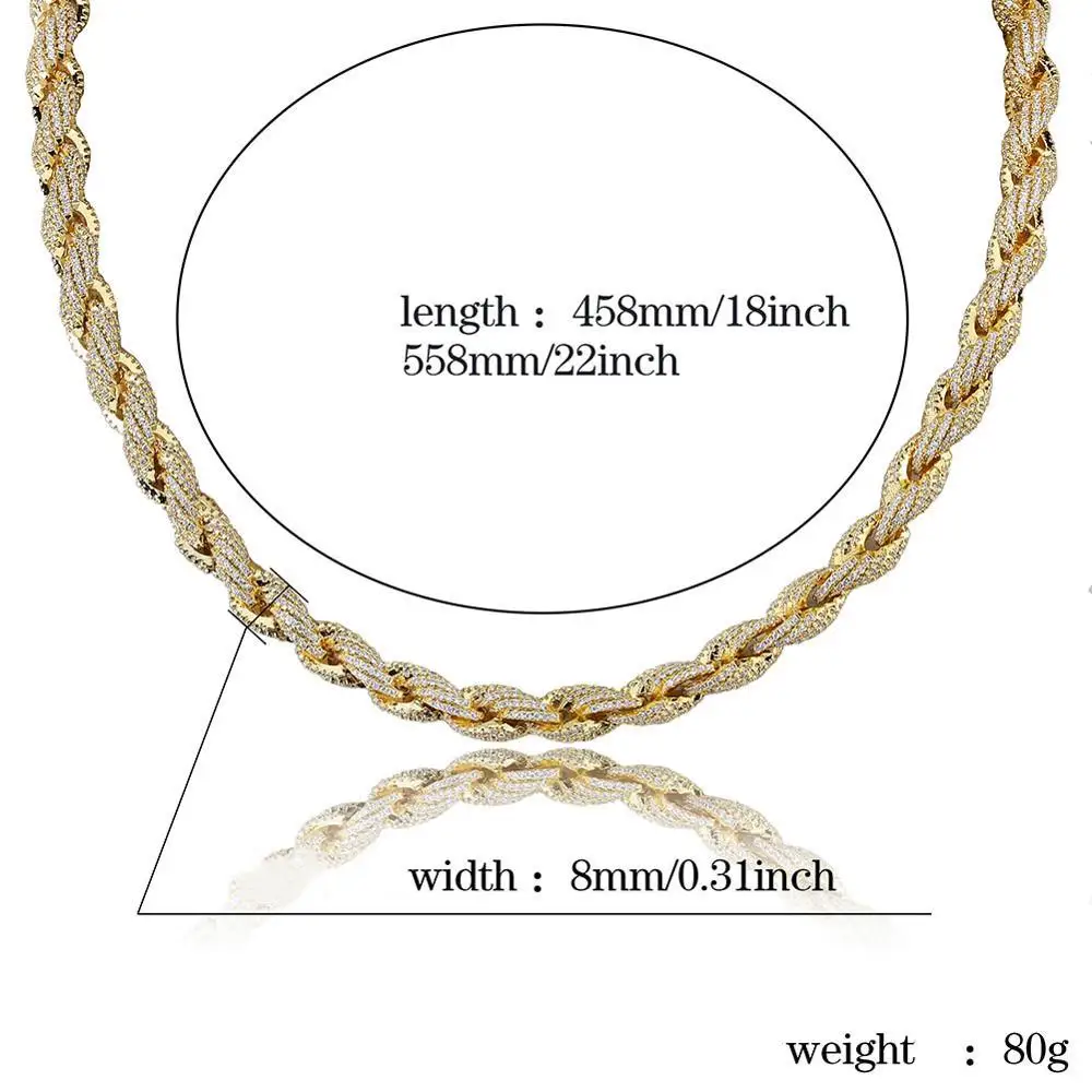 

8mm Rope Chain Necklace 2020 Hip Hop Jewelry Goth Gold Color Copper + Bling AAA Zircon Necklace Men 22inch Chain Necklace