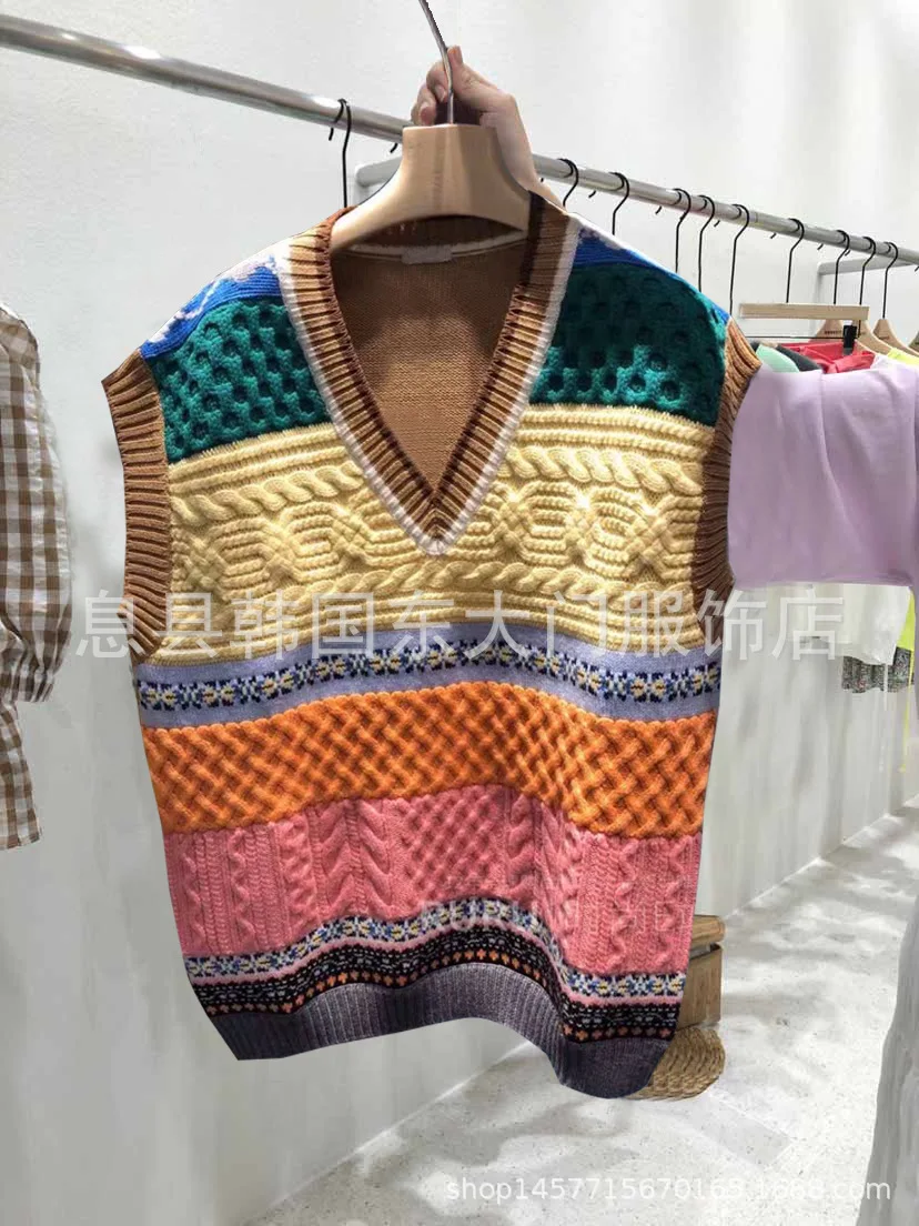 

Autumn Winter Knitted Pullover Vest 2020 Geometric Pattern Women'scoat Sweater Regular Korean Style V-neck All-match Loose