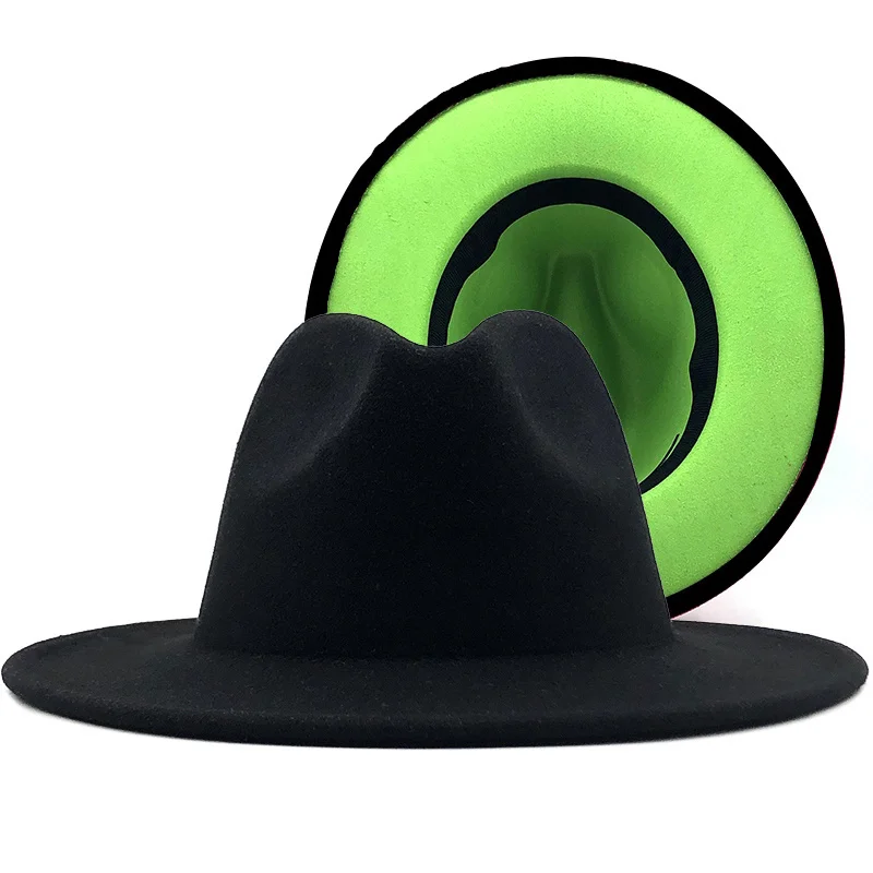 

Fruit black with green Bottom Patchwork Panama Wool Felt Jazz Fedora Hats Women Men Wide Brim Party Cowboy Trilby Gambler Hat