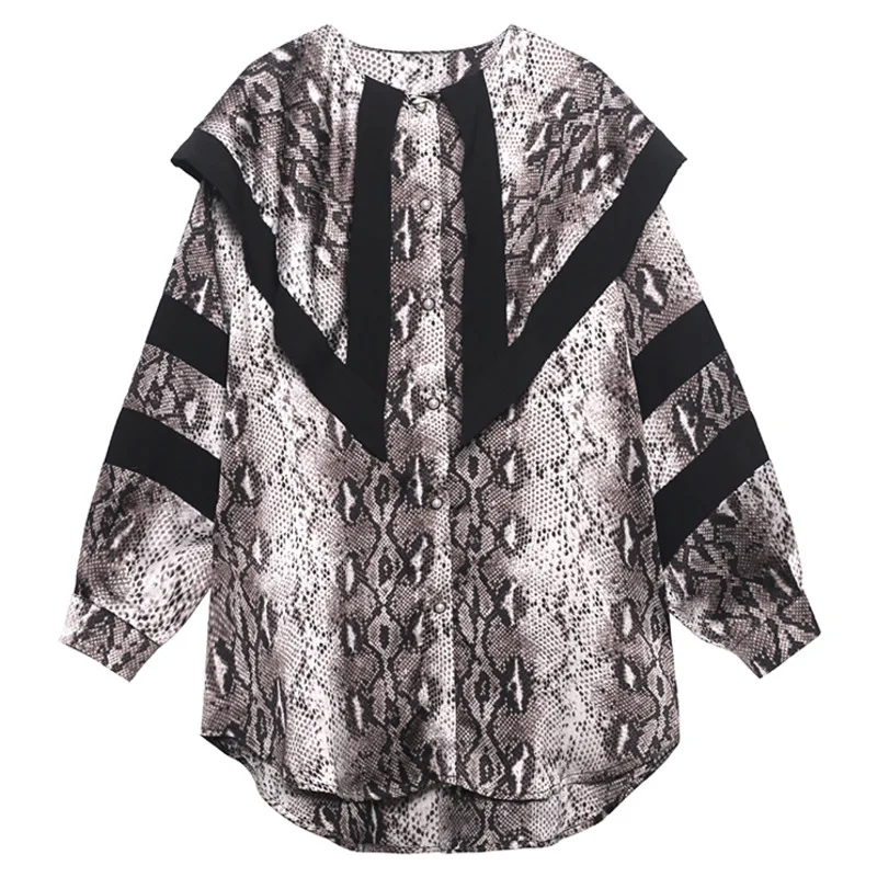 

XUXI Women, Snake Pattern,Stitching, Shirt, Vintage,Temperament,Fashion,Loose,Big Pointed Collar,Chemise Femme,Long Sleeves E156