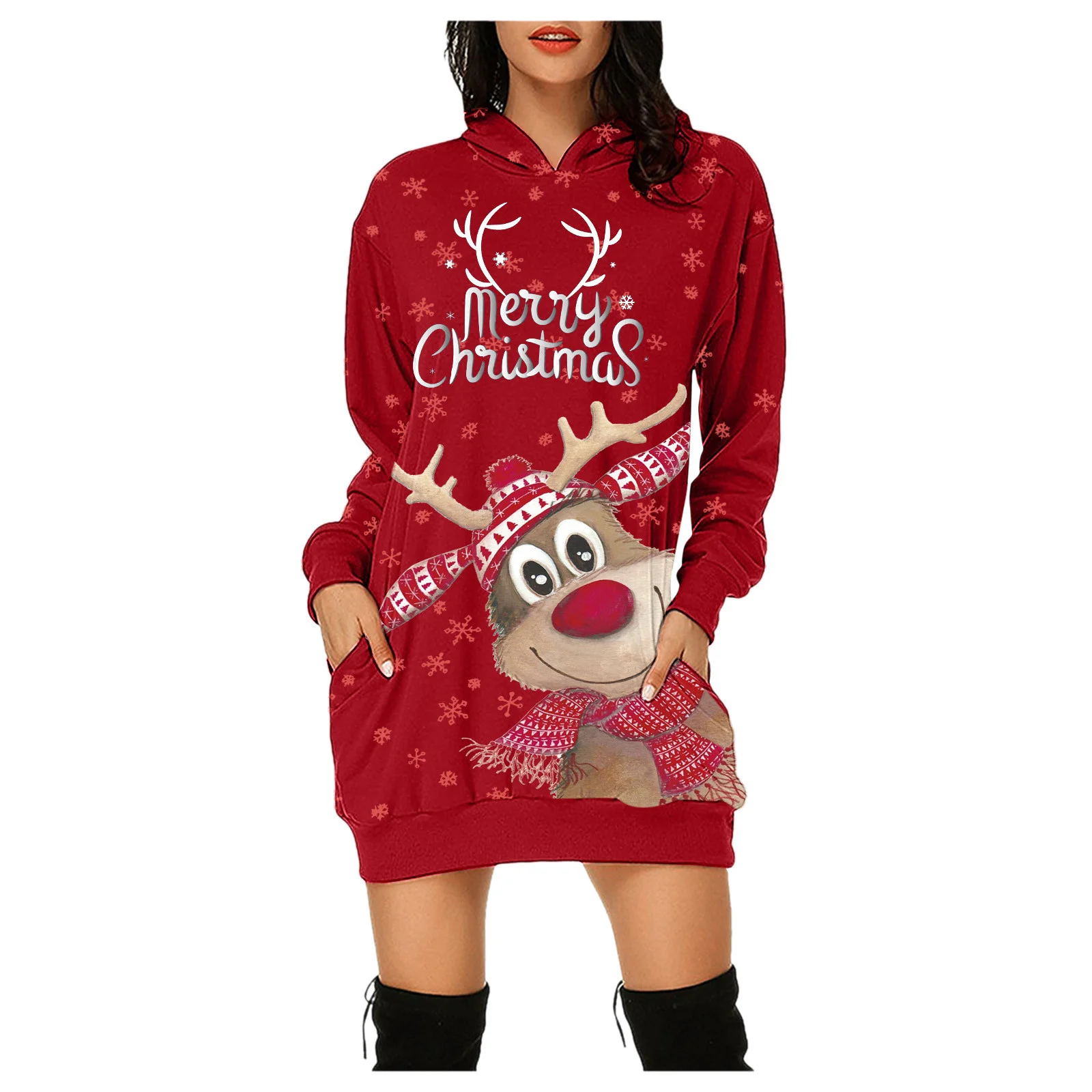 

Christmas Sweatshirt Dresses Women Festival Clothes 2022 New Fashion Casual Christmas Print Long Sleeves Hooded Pockets Dress