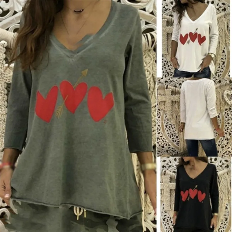 

Fashion T Shirt Women Casual Love Heart Printed Long Sleeved V-Neck T Shirt Fashion Loose Tops Roupas Femininas