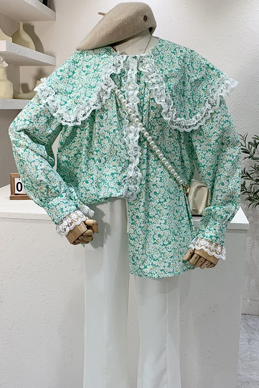 

Sweet Lace Stitching Doll Collar Flower Print Blouse Women Long Sleeve Loose Casual Shirt 2021 Spring New Tops Girl Blusas Mujer
