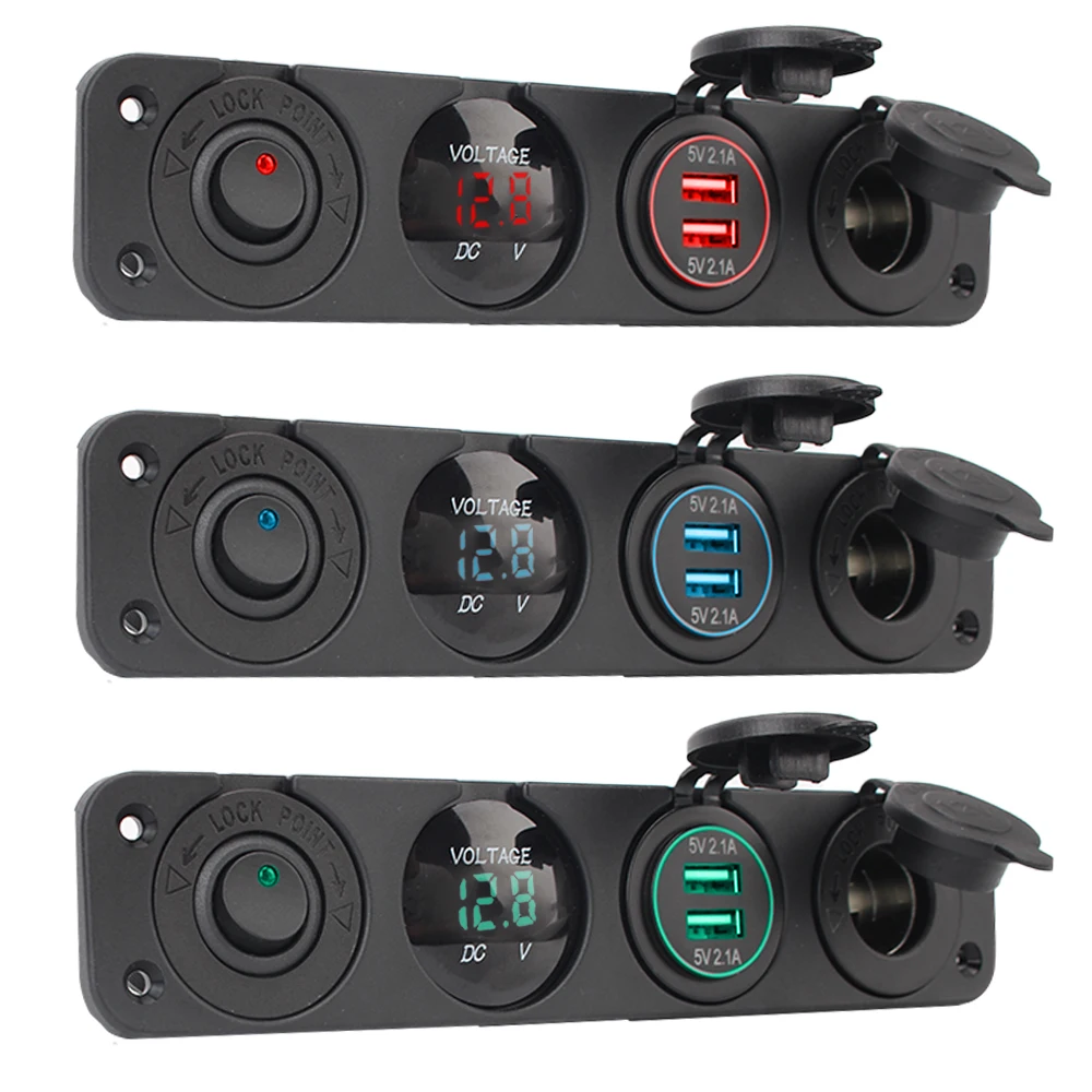 

12V Power Socket Dustproof Waterproof With Rocker Switch Dual Usb Power Charger 4 In 1 Car Cigarette Lighter Digital Voltmeter
