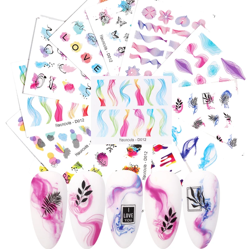 

Harunouta 12Pcs Colorful Gradient Wave Water Decals Set Pink Blue Whirlpool Geometry Line Stickers Sliders Nail Art Decorations