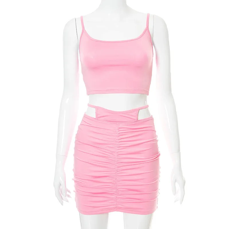 

Summer Sexy 2 Piece Set Women Casual Solid Backless Vest And Hollow Out Mini Skirt Matching Sets Women Skinny Female Tracksuits