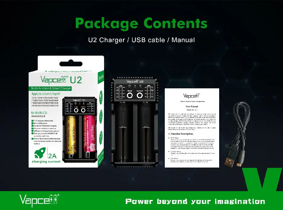 Vapcell U2 2A Смарт мини зарядное устройство USB для li-ion/Lifepo4/Ni-MH/Ni-Cd AAA AAAA C D заряда батареи