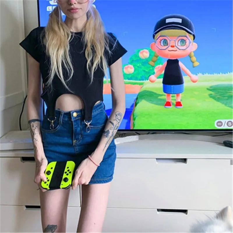 

Sexy Knitted Round Neck Women T-shirt Sexy Sleeveless Round Neck Short Sleeve Hollow Buckle Belt Crop Top Clothes