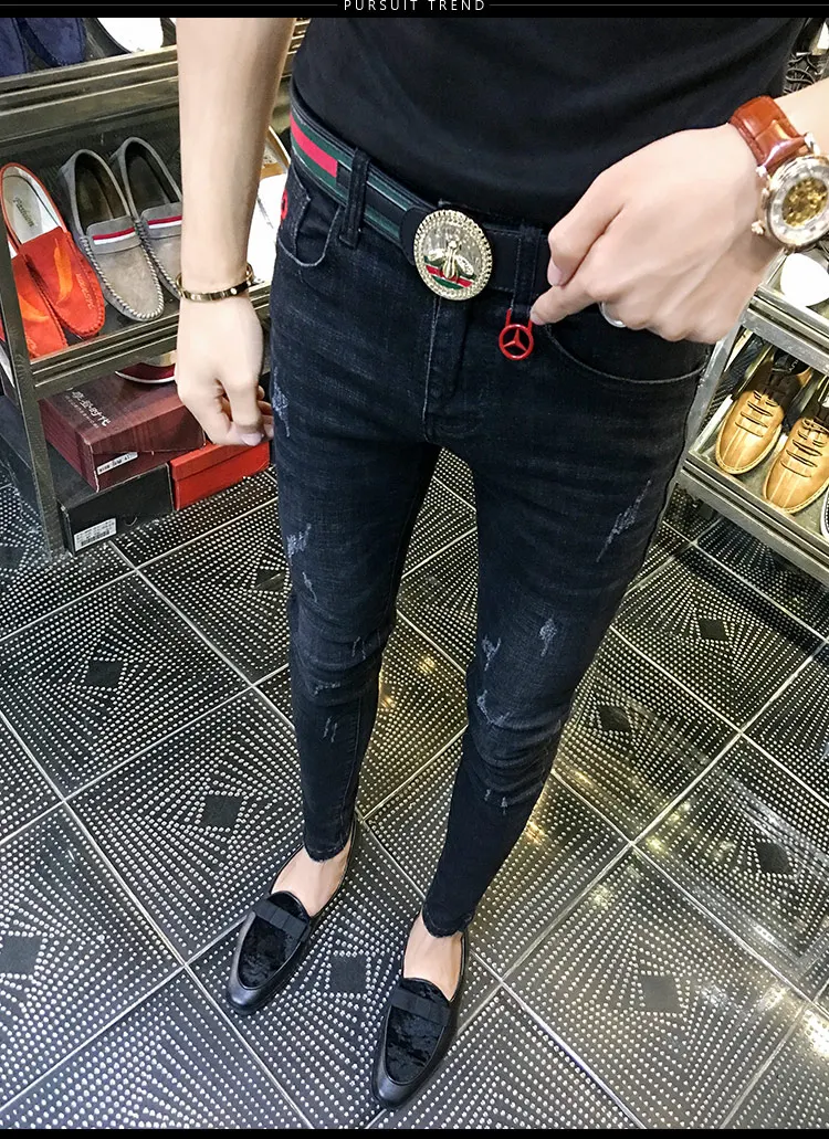 NEW spring autumn skinny strech Casual ripped hole fashion black teenagers hip hop cowboy denim leg jeans men pencil pants