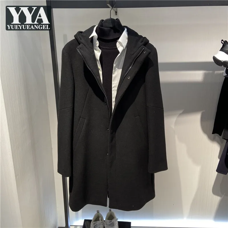 

Мужская осенне-зимняя шерстяная куртка с длинным капюшоном, модное приталенное пальто, повседневная шерстяная верхняя одежда в стиле препп...