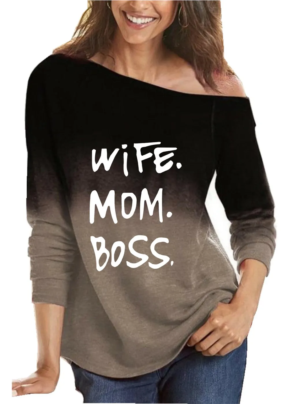 

Tshirt Women Letter Printed Gradient Color Long Sleeve Tops Casual Spring Autumn Loose Skew Collar Plus Size Clothing