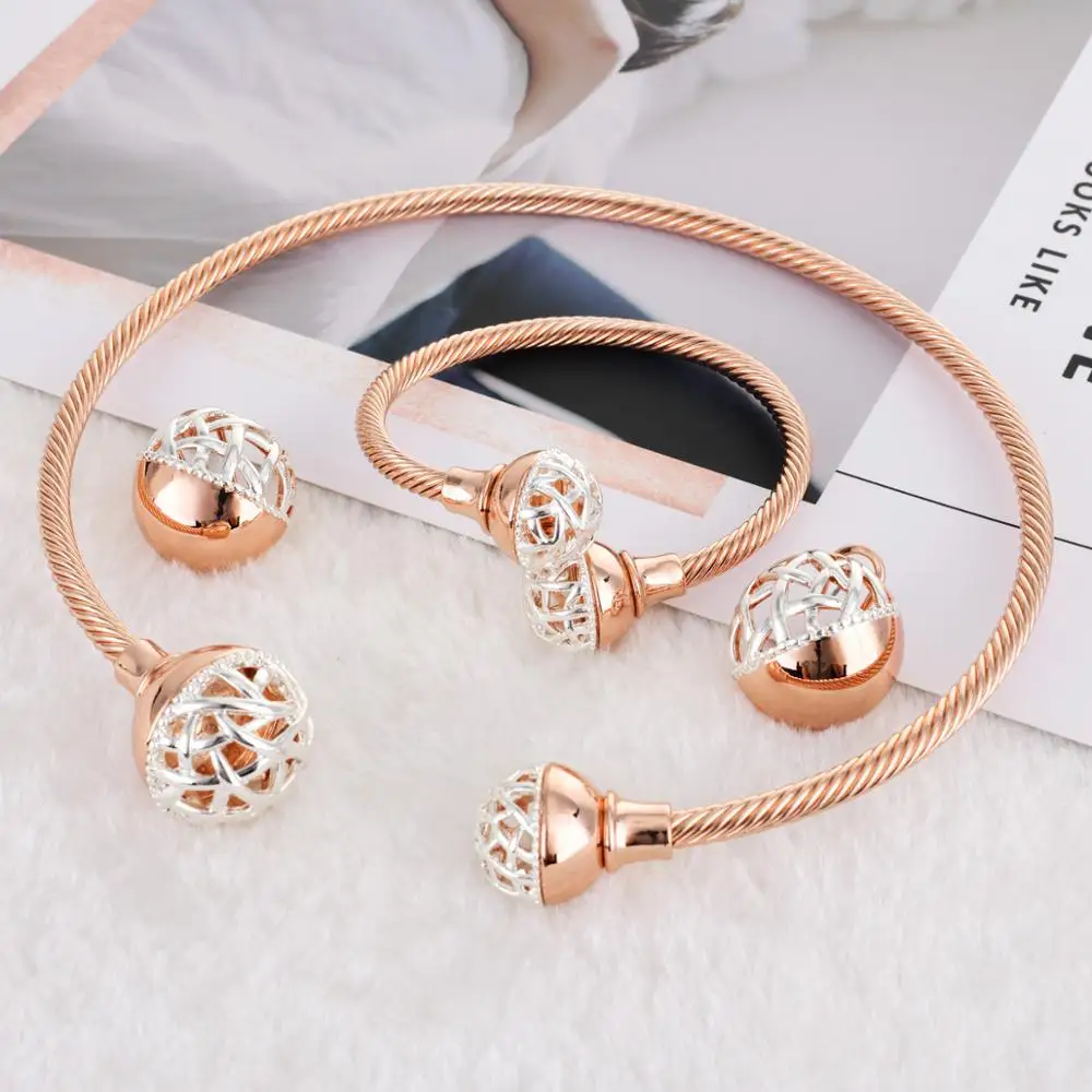 

Viennois Dubai Jewelry Set For Women Gold Plated Geometric Hollow Bangle Chocker Necklace and Stud Earrings Jewelry Set