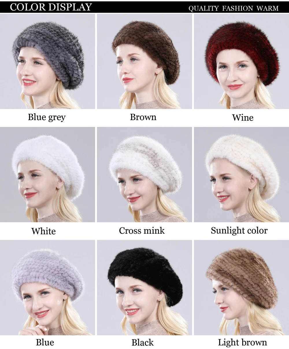 Hot Sale Russia Women Winter Real Mink Fur Berets Hat Hand Knitted Real Natural Mink Fur Cap Lady Luxury Real Mink Fur Hats