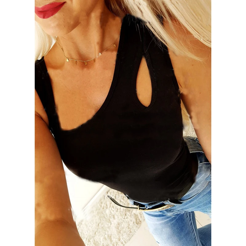 Женская майка с вырезами на груди повседневная однотонная облегающая футболка