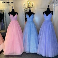 amazing a line prom dress 2022 tulle long skirt pink sky blue sea blue sleeveless v neck party gown custom made